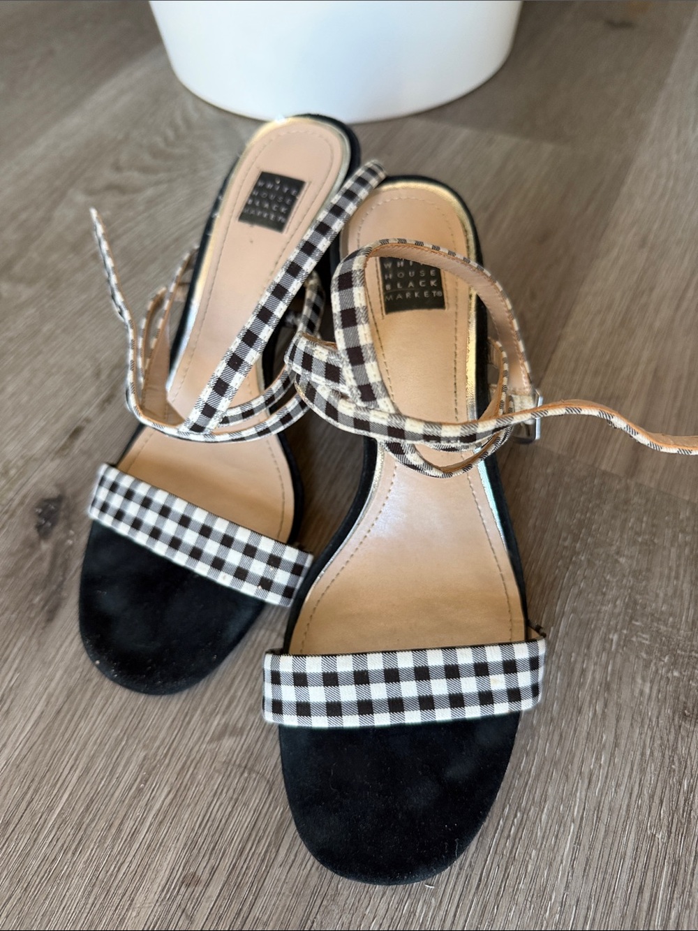 White House Black Market Black & White Gingham Lace-Up Sandals